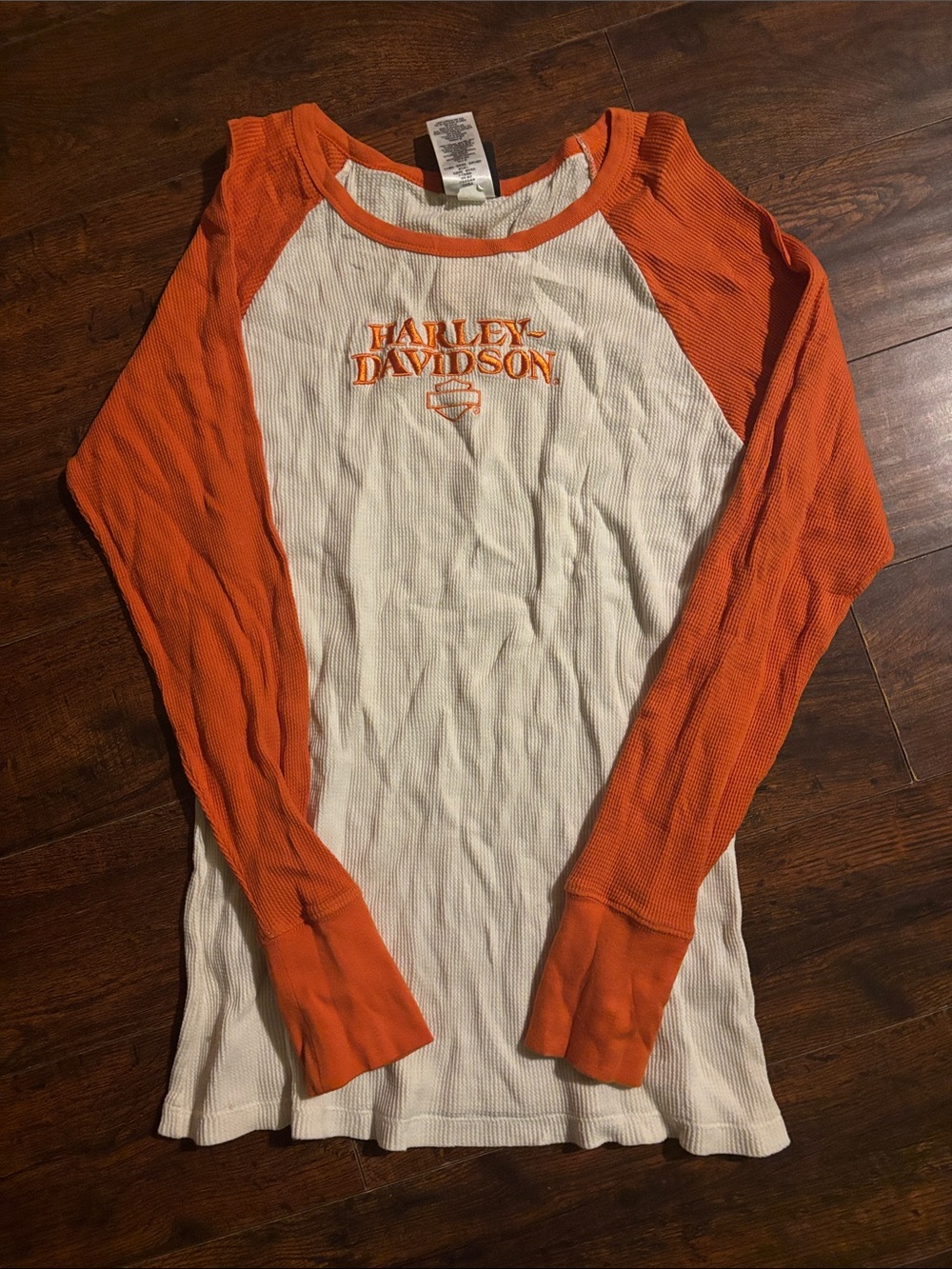 Harley-Davidson White and Orange Raglan Waffle Top